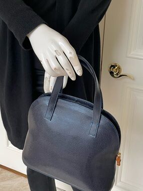 Vintage Navy Leather Mini Top Handle Bag Textured Dome Purse Bamboo Zip Pull